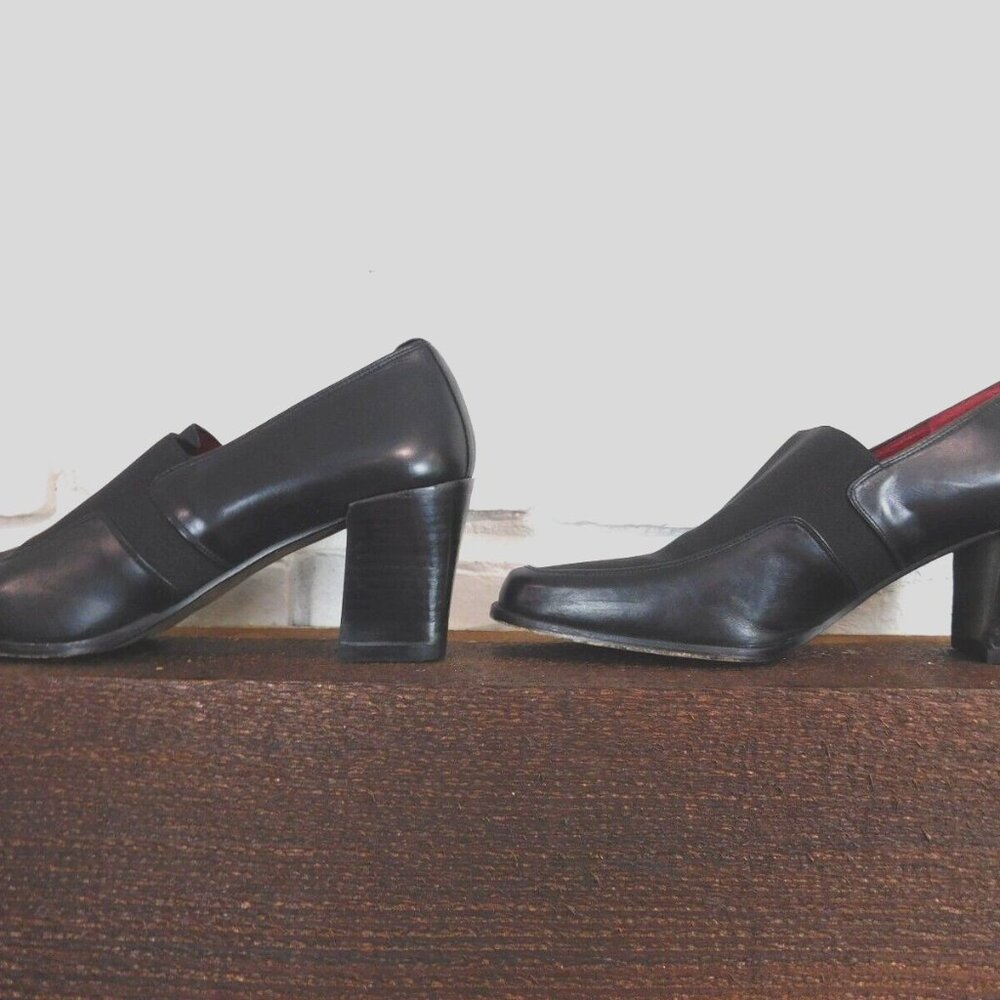 Donald J  Pliner Classic Square Toe Black Heeled Leather and Fabric Loafers